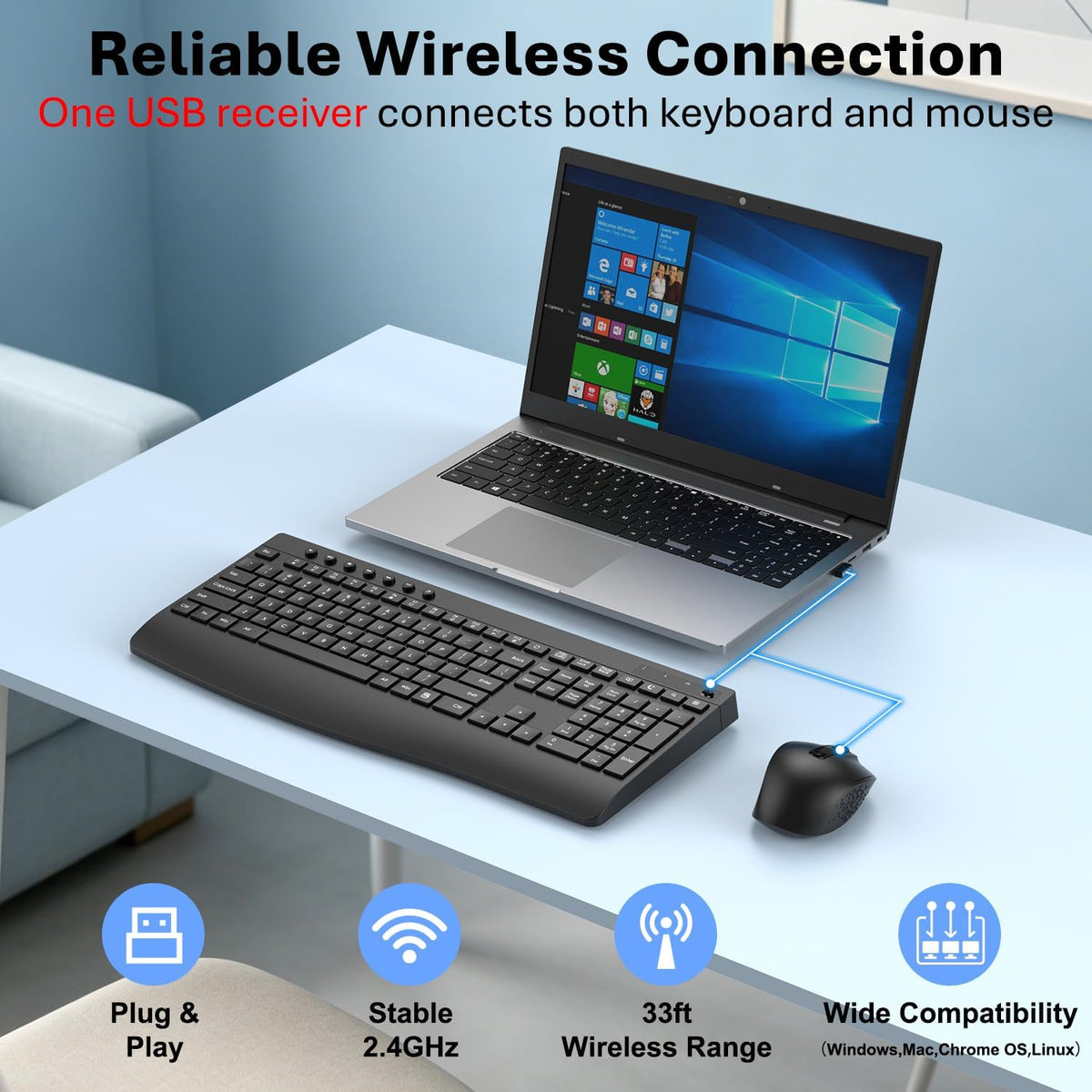 Full-Size Silent Wireless Keyboard and Mouse Combo with Palm Rest