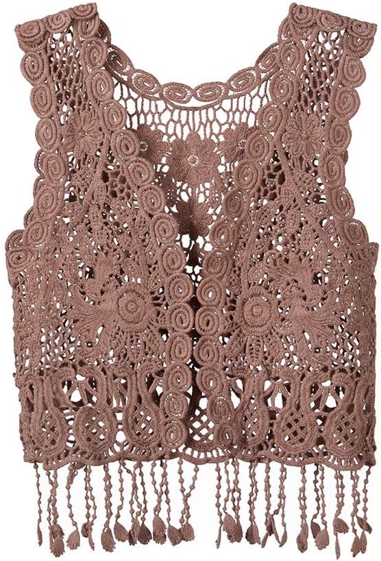 Girls Crochet Vest Cardigan with Fringe V-Neck Sleeveless Boho Vest Hollow Out Cardigan