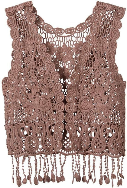 Girls Crochet Vest Cardigan with Fringe V-Neck Sleeveless Boho Vest Hollow Out Cardigan