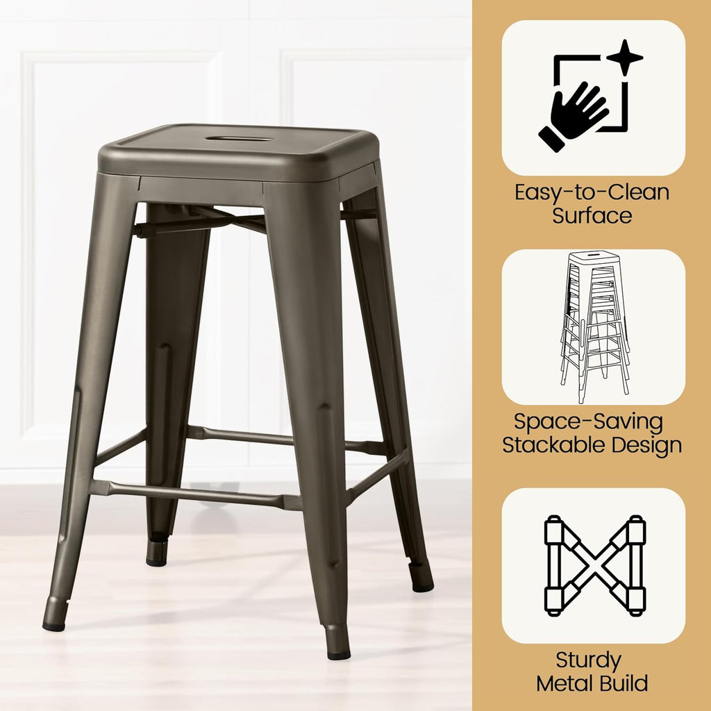 24 Inch Metal Bar Stools Set of 4, Stackable Barstools, Metal