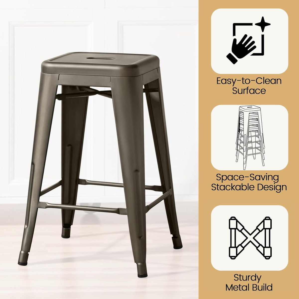 24 Inch Metal Bar Stools Set of 4, Stackable Barstools, Metal