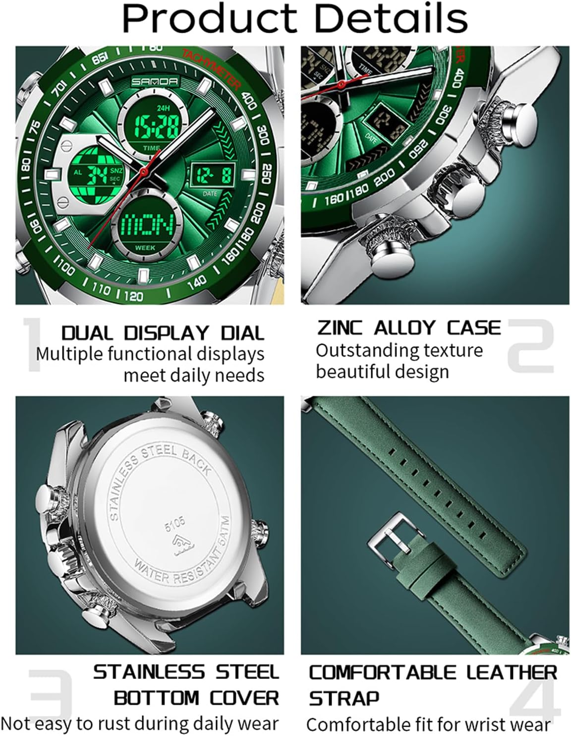 Mens Watch Digital Military Watches Leather Strap Alloy Case Waterproof Analog Watch Luxury Dress Sport Designer
