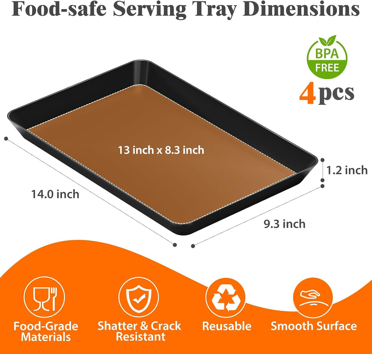 4-Pack Serving Tray Set, Reusable Plastic Serving Platter for Party Supplies, Entertaining, Grilling Accessories