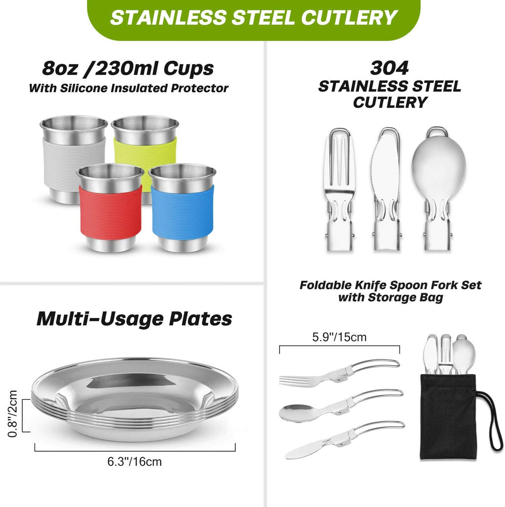 29pcs Camping Cookware Mess Kit, Non-Stick Lightweight Pots Pan Kettle, Collapsible Water Container and Bucket