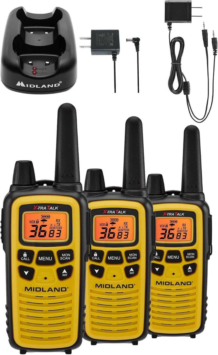 LXT630X3VP3 FRS Walkie Talkies - Long Range 36-Channel Two-Way Radios, NOAA Weather Alerts (3-Pack, Yellow - Black) |