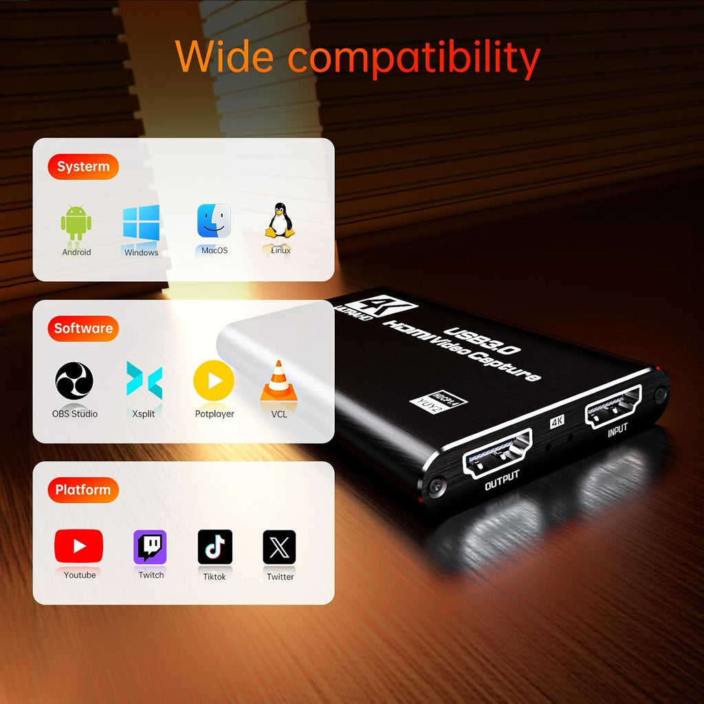 USB 3.0 HDMI Capture Card, 1080P 60FPS Capture with 4K Pass-Through | 2K 30FPS/1080P 60FPS capture and streaming with