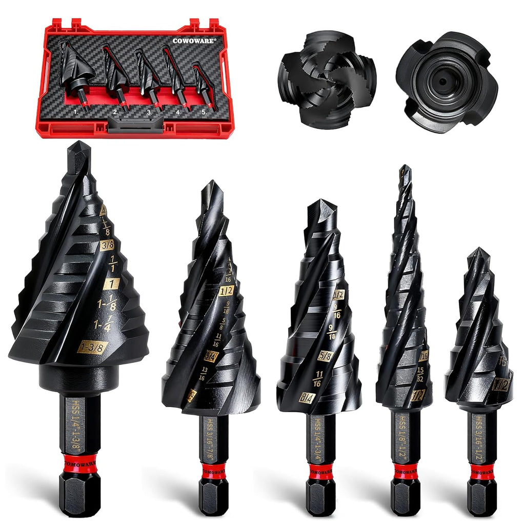 M2 Step Drill Bit Set, 1/8~1-3/8" 5Pcs 4 Spiral Flute AlTiN Coated Step Bit