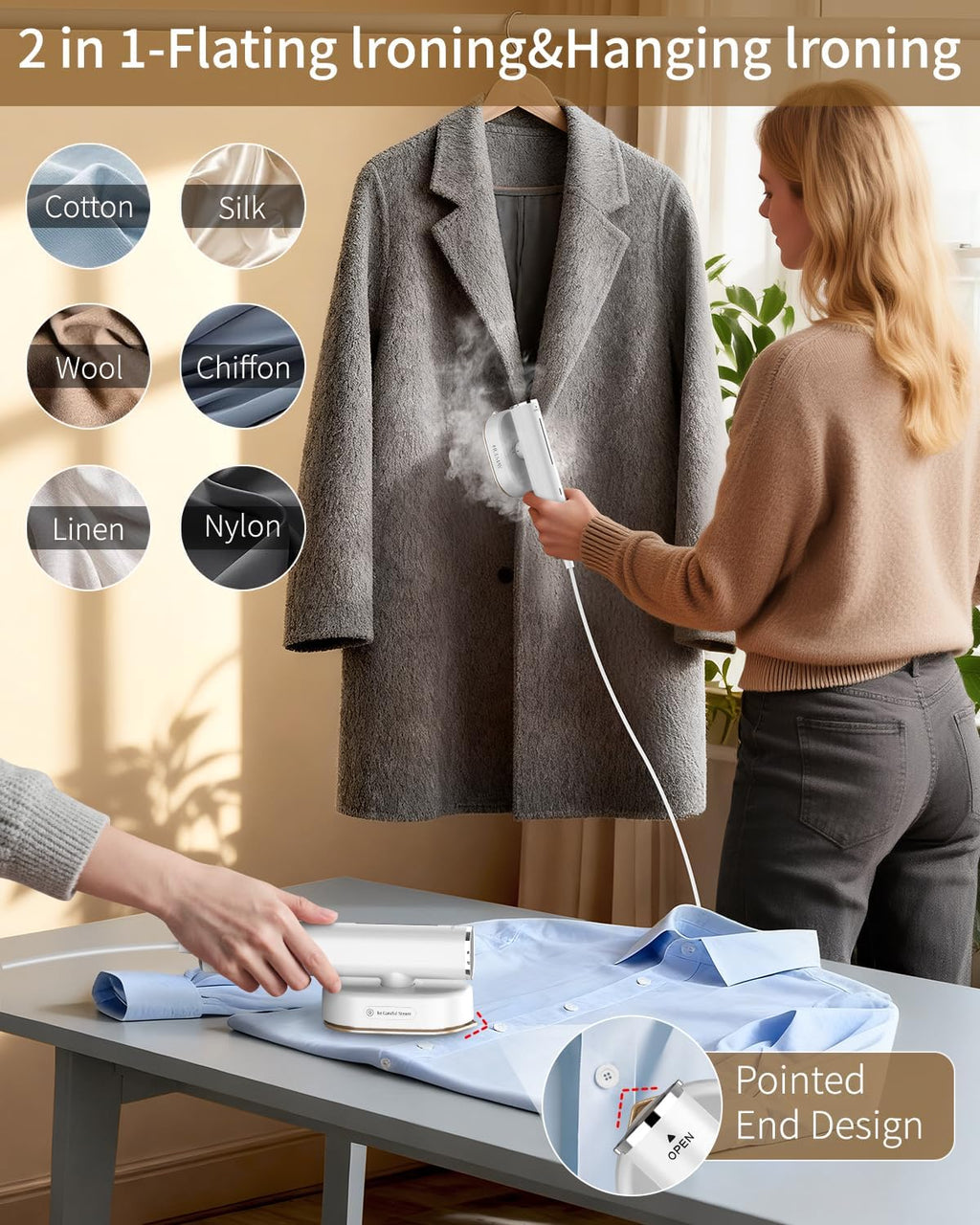 Steamer for Clothes, 2-in-1 Steam Iron for Clothes, 1200W Handheld Steamer 10s Heat-Up, Travel Steamer Fast Wrinkle