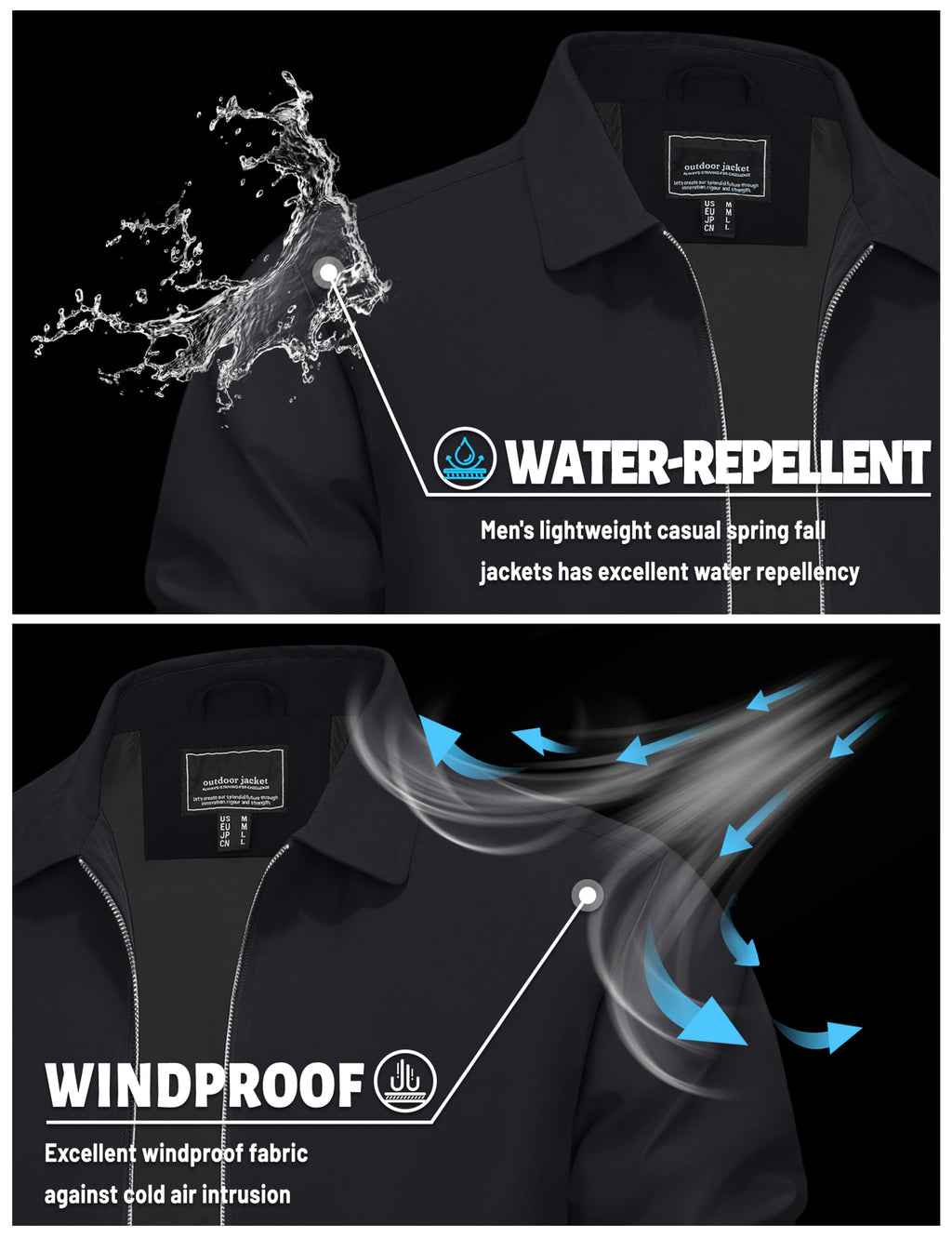Men's Black Jacket Full Zip Windbreaker for Golf Business Work
