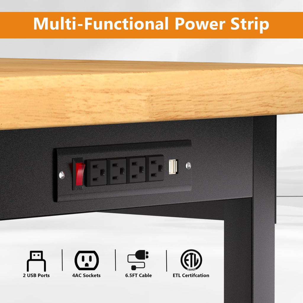 60" Heavy-Duty Solid Wood Work Bench with Drawers, Adjustable Height Workbench with Wheels, 2000 LBS Capacity Work