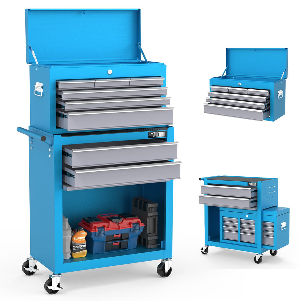 8-Drawer Rolling Tool Chest, Tool Storage Cabinet w/Lockable Wheels, Detachable Top, Drawers & Side Hooks, Mechanic
