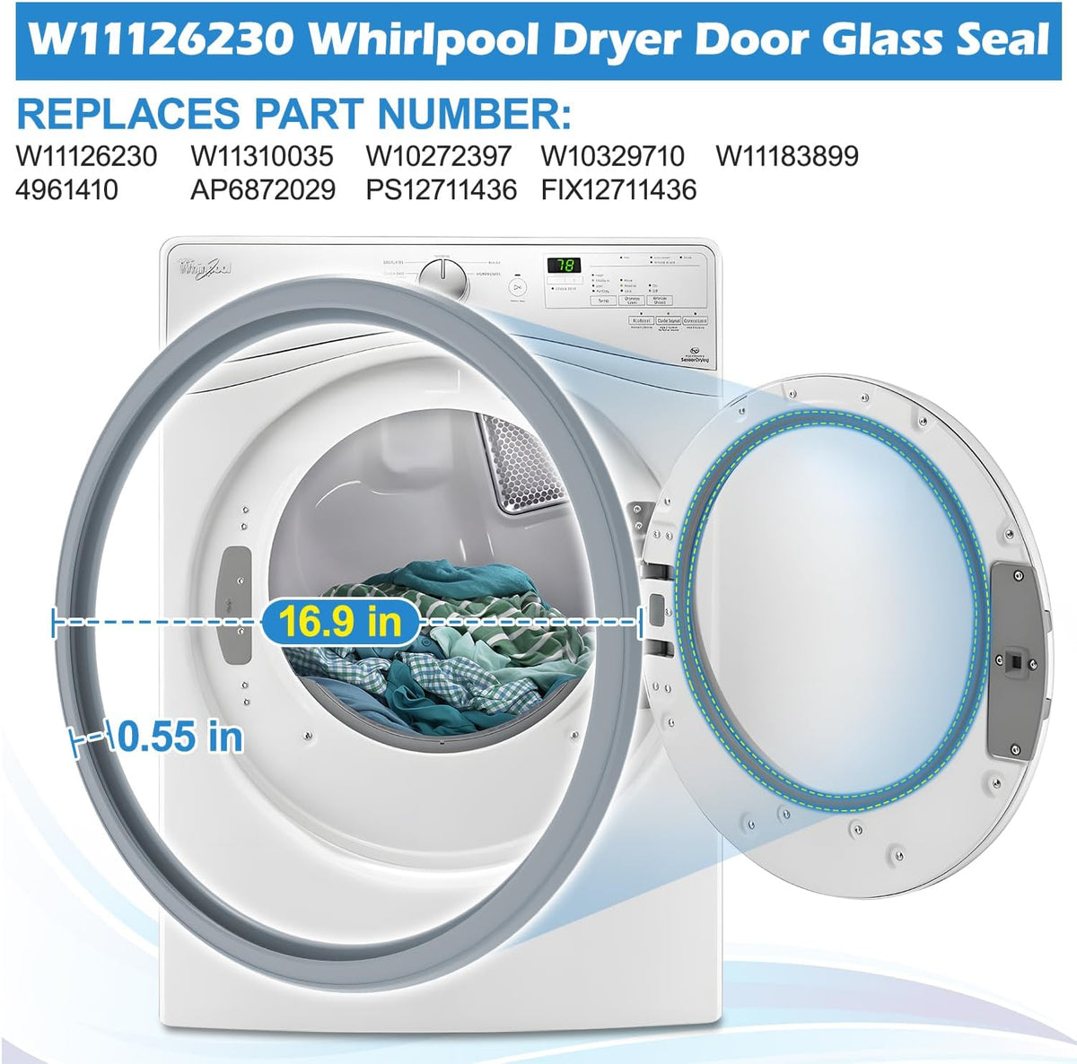 W11126230 Dryer Door Glass Seal Gasket for Whirlpool Door Seal Replacement