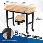 48" Adjustable Workbench with Wheels, Rubber Wood Top