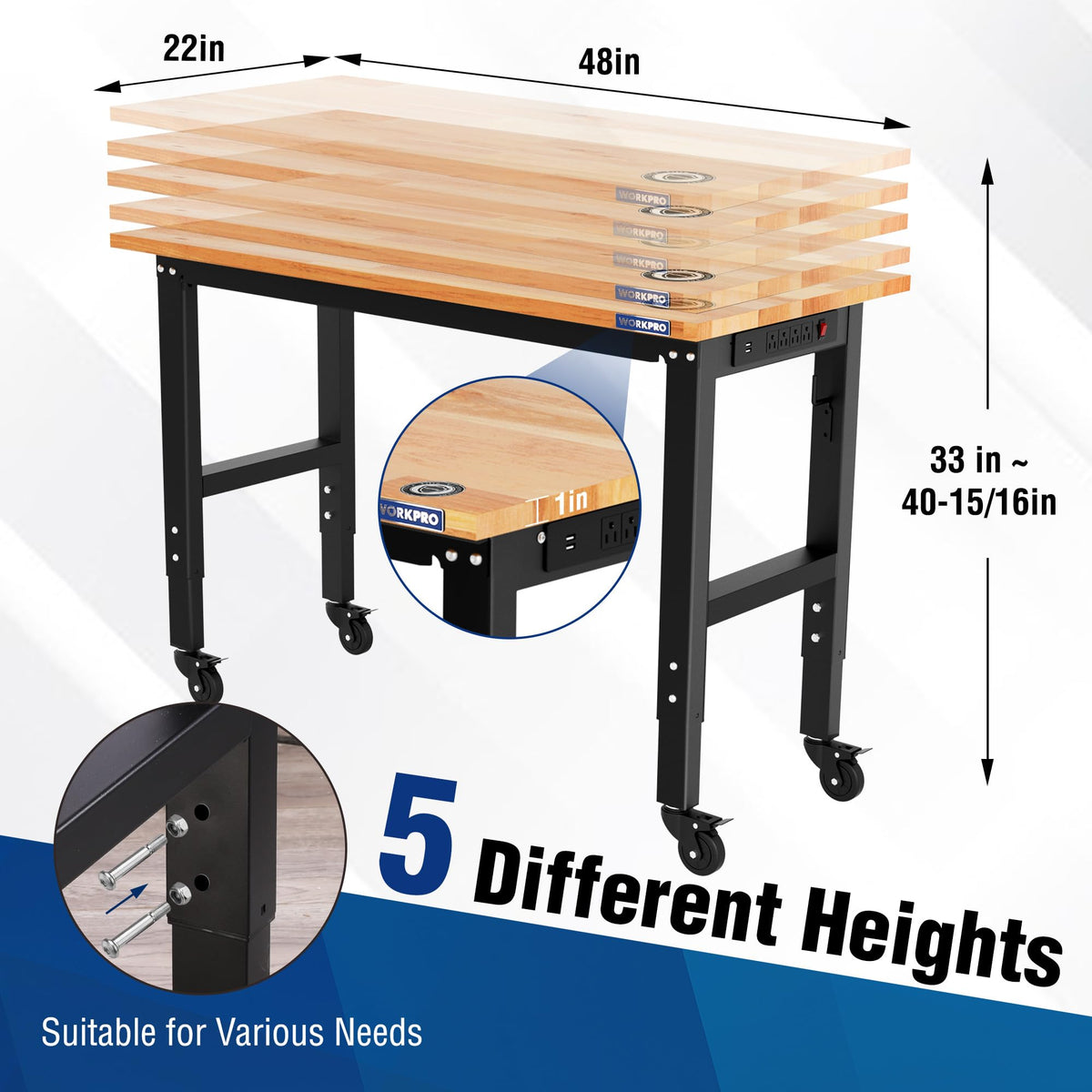48" Adjustable Workbench with Wheels, Rubber Wood Top