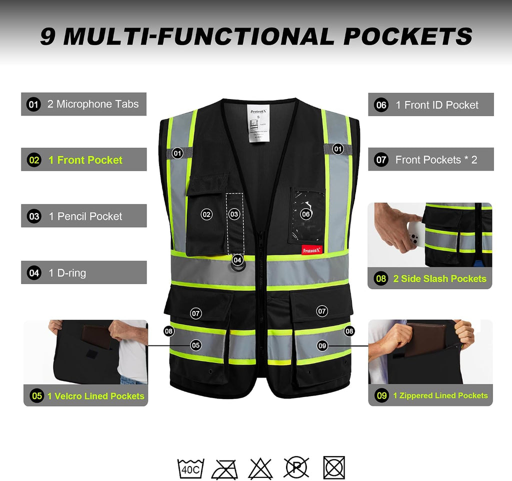 High Visibility ANSI Class 2 Safety Vest with 9 Pockets | Reflective Mesh Safety Vest for Men & Women, Lightweight