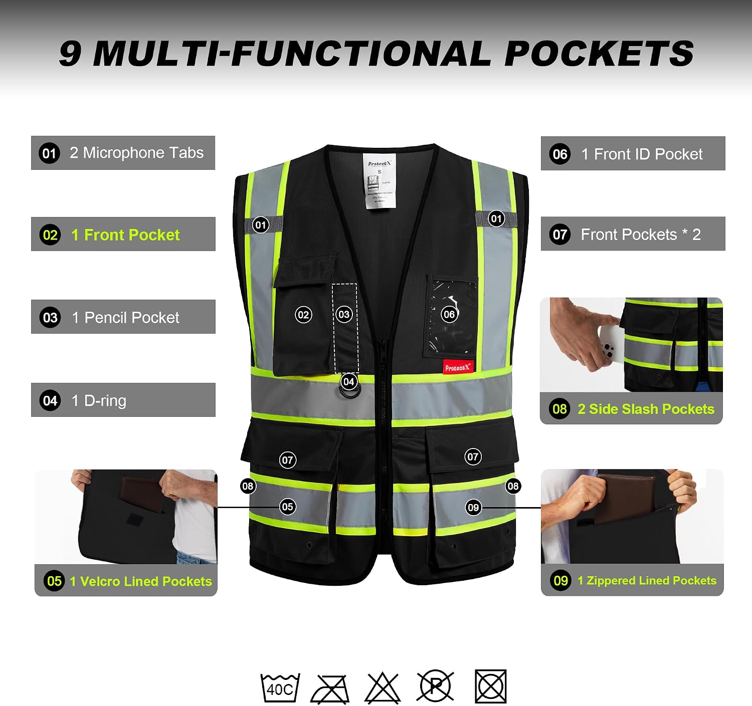 High Visibility ANSI Class 2 Safety Vest with 9 Pockets | Reflective Mesh Safety Vest for Men & Women, Lightweight
