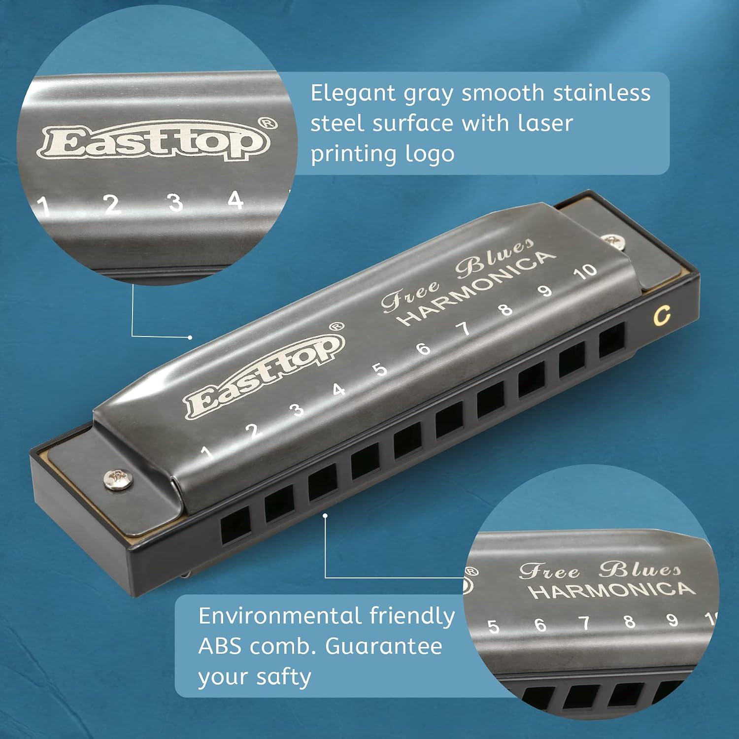 Deluxe Harmonica Key of C, 10 Holes 20 Tones Mouth Organ Diatonic Blues Harmonica For Adults, Beginners