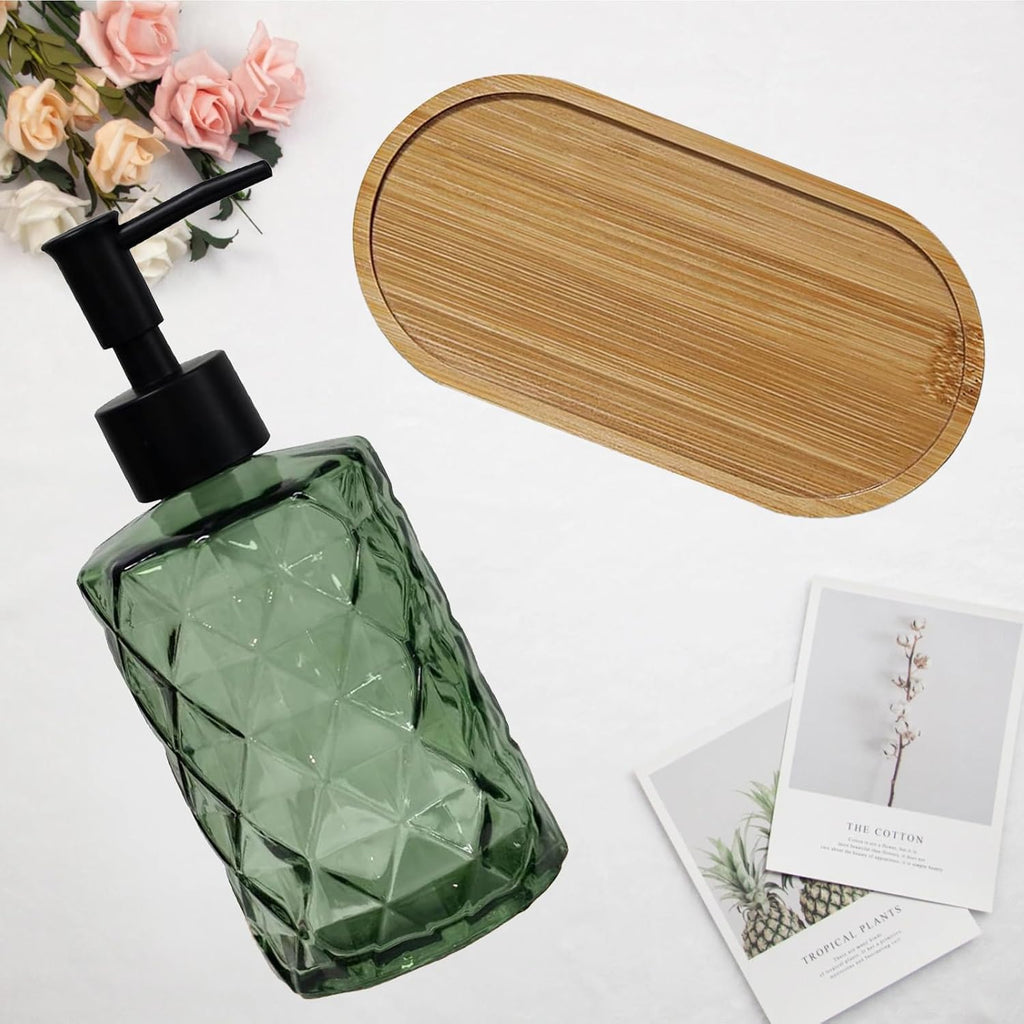 12oz Green Glass Hand and Dish Soap Dispenser Set, Diamond Design, Set of 2 | Bathroom Soap Dispenser with Plastic