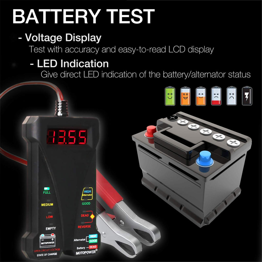 MP0514A 12V Digital Car Battery Tester Voltmeter and Charging System Analyzer with LCD Display and LED Indication