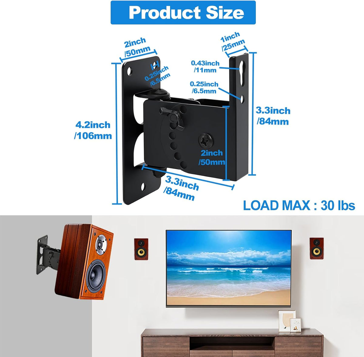 Speaker Wall Mount , Holds up to 30lbs，Swivel and Tilt, 2 Packs | All Metal Wall Speaker Mount for Small