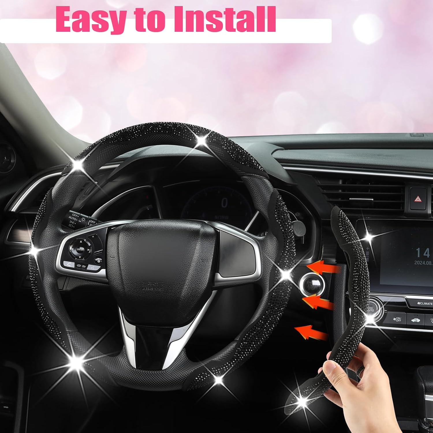 Diamond Bling Car Steering Wheel Cover with Crystal Rhinestones,3PCS Segmented Steering Wheel Protector,Universal for