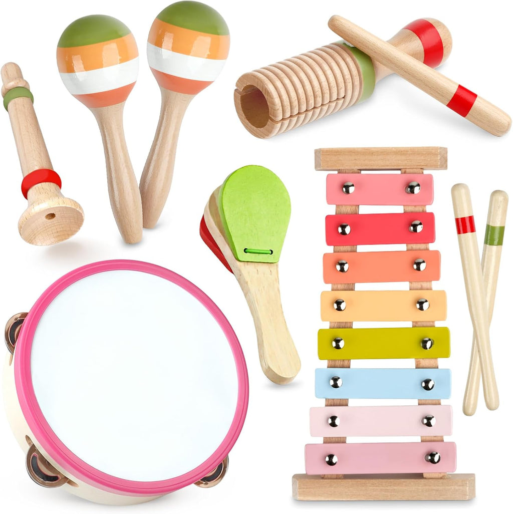 Baby Musical Instruments - Montessori Wooden Toys for Toddlers Sensory Play | Xylophone Maracas Tambourine Percussion