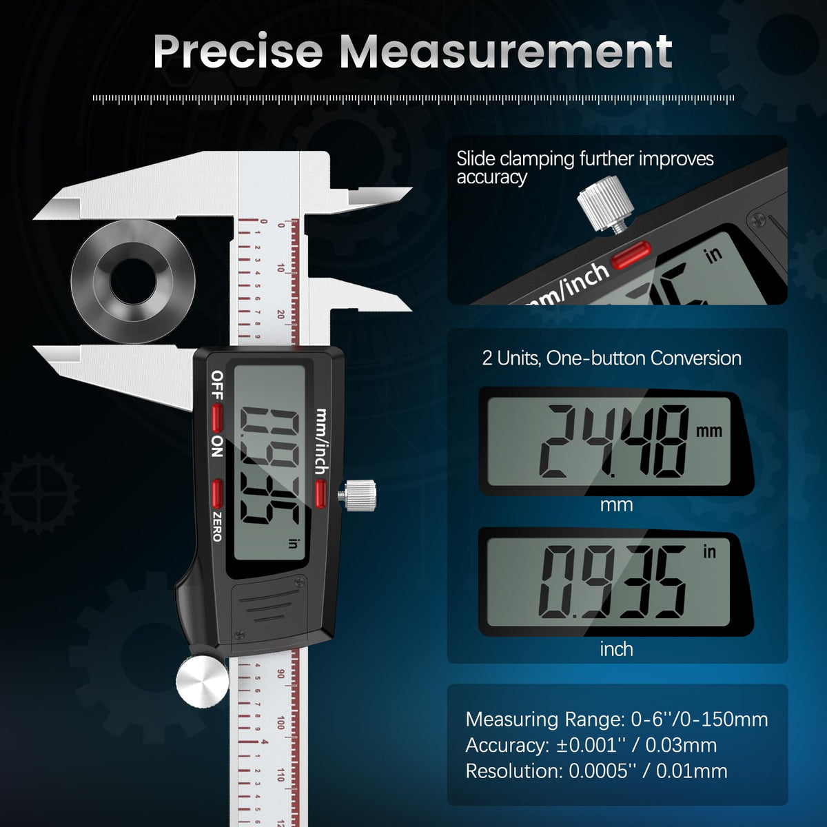 Housolution Digital Caliper 6 Inch, Inch/MM, 4 Measuring Ways, Auto-Off