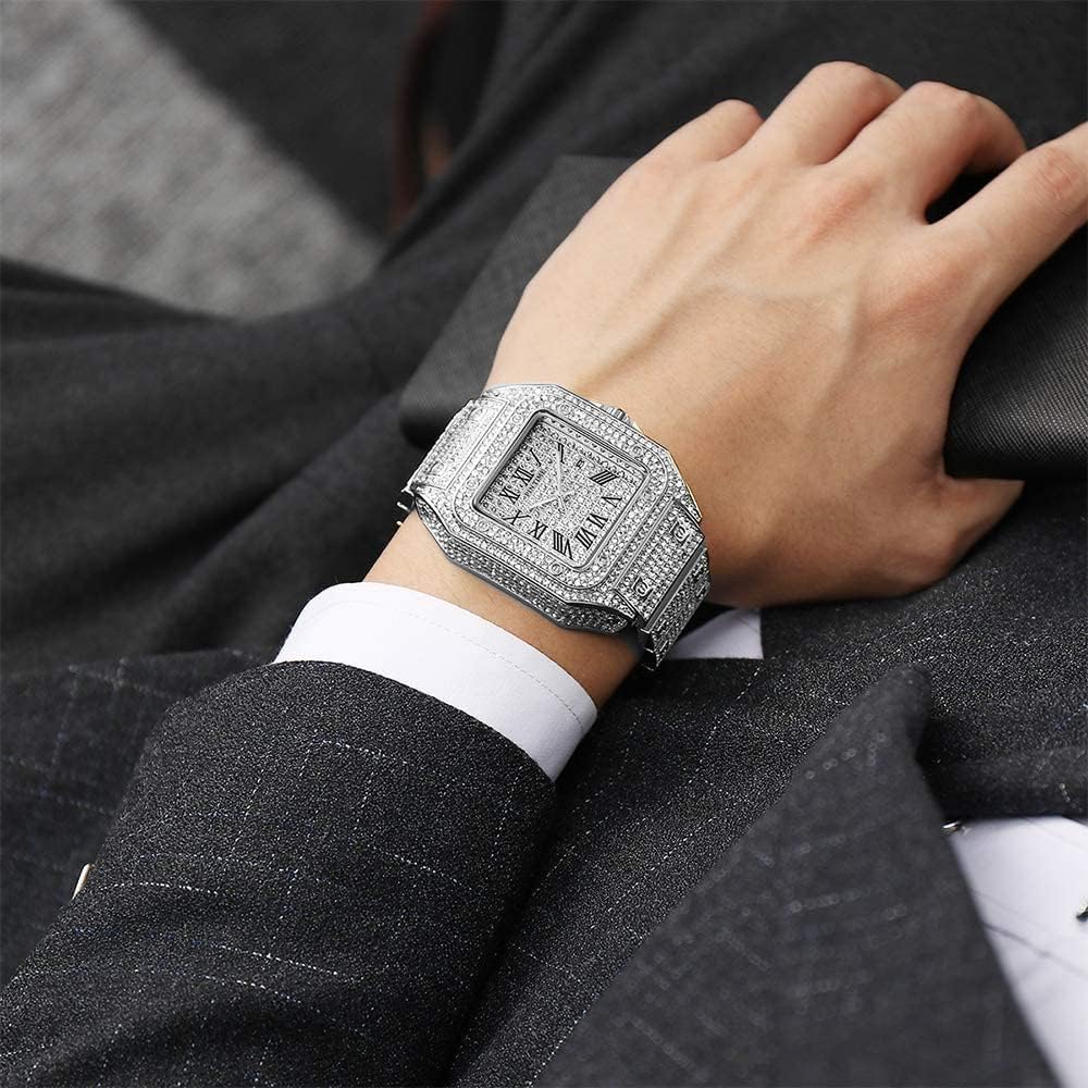 Brand Luxury Unisex Diamond Crystal Square Quartz Watch Analog Stainless Steel Strap Fashion Hip Hop Waterproof Watch