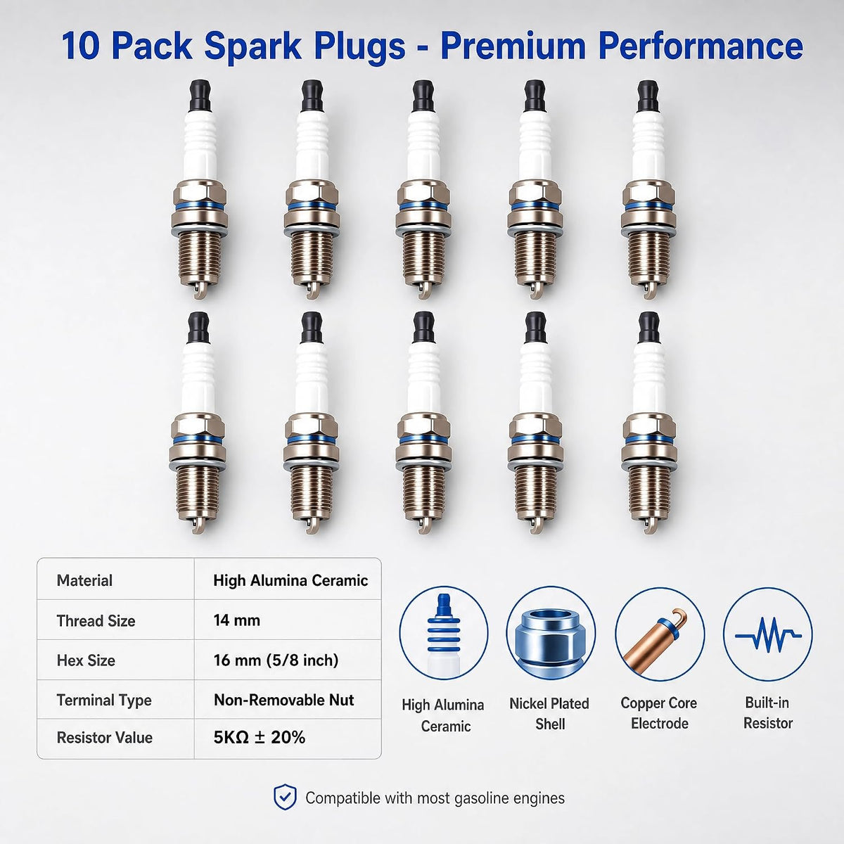 RC12YC Spark Plug 491055 For Briggs & Stratton Spark Plug Replace 491055S 491055T 72347GS 72347 805015 M78543 (Pack of 10)
