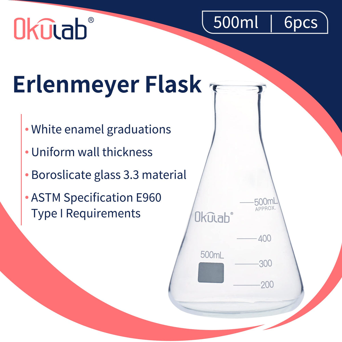 Conical Flasks Set, 500 mL Glass Erlenmeyer Flasks, Narrow Mouth, 3.3 Borosilicate Glass Conical Flask Set (case of