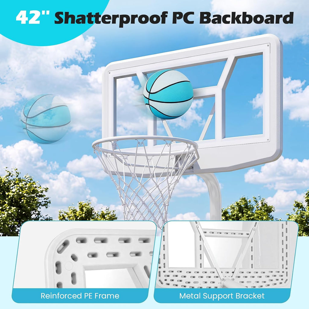 Pool Basketball Hoop w/42'' PC Backboard, 2 Balls, Pump | Shatterproof Outdoor Swimming Poolside Basketball Goal