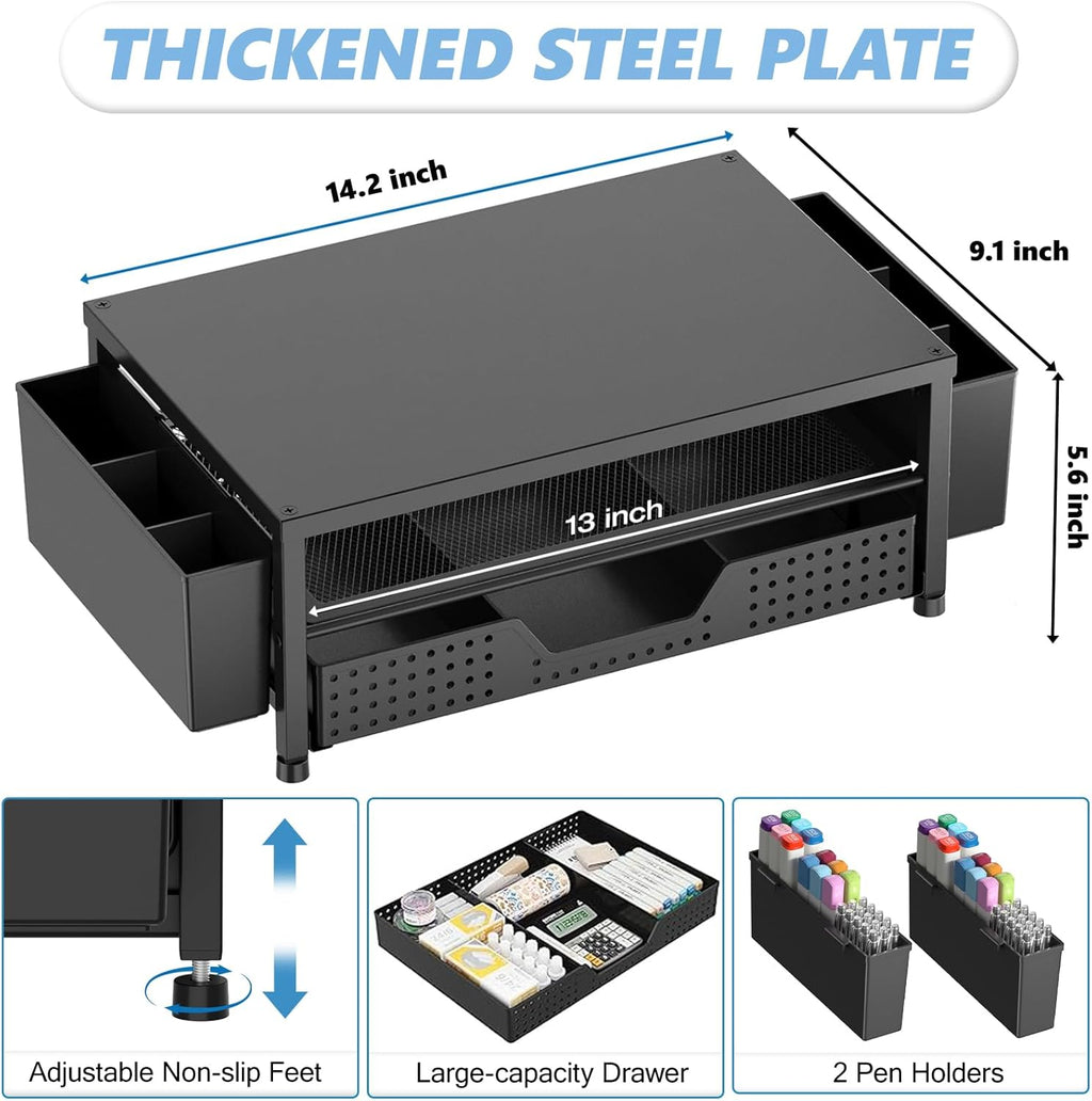 Desk Organizers and Accessories, Computer Monitor Stand Riser with Drawer and 2 Pen Holders, Printer & Laptop Stand