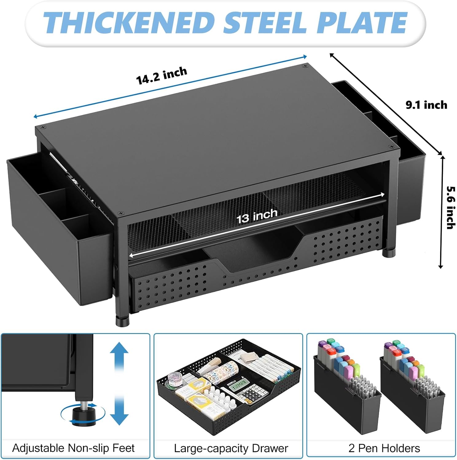 Desk Organizers and Accessories, Computer Monitor Stand Riser with Drawer and 2 Pen Holders, Printer & Laptop Stand