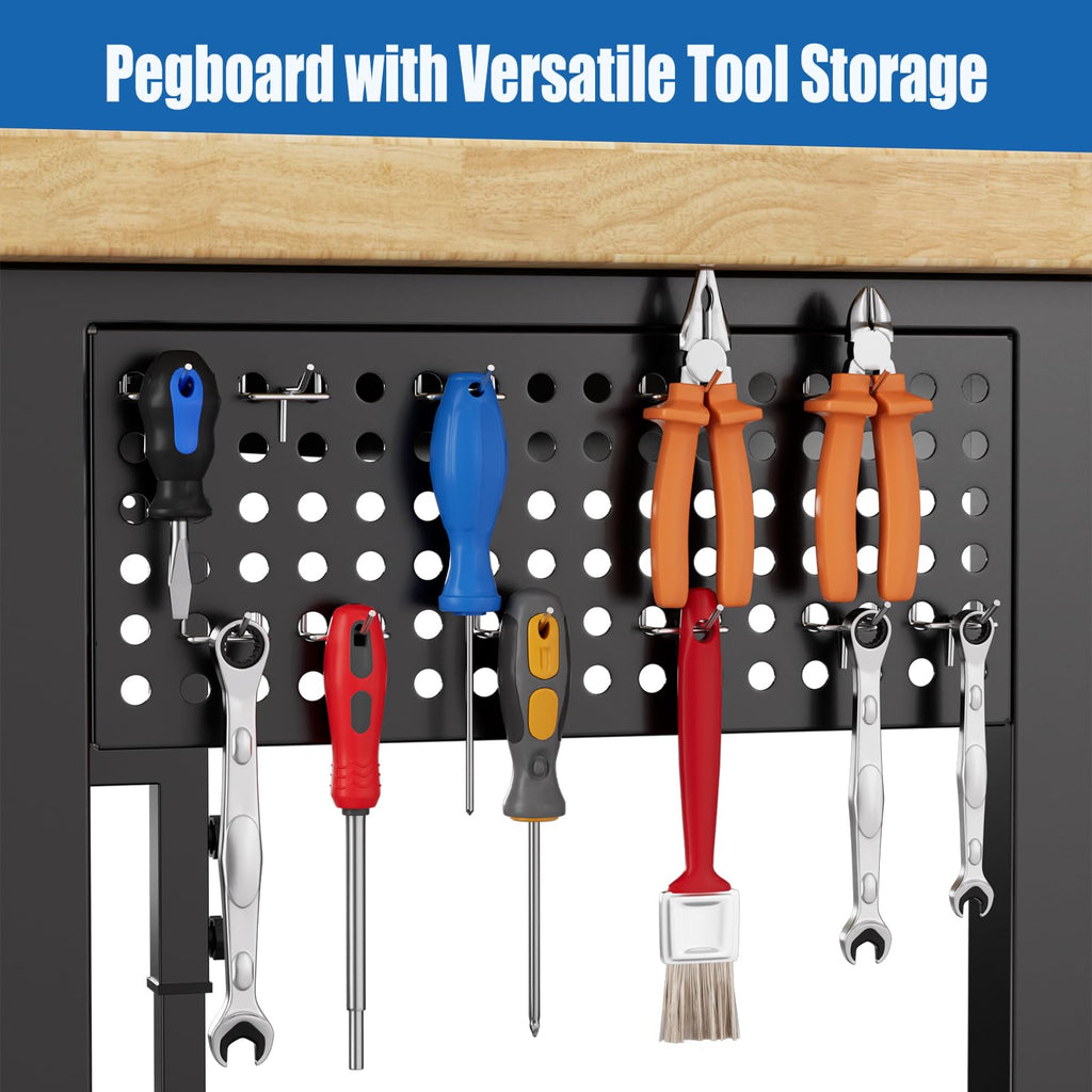 70'' Adjustable Workbench, Solid Wood Work Bench Table with Wheels and Power Outlet & Pegboard, Rolling Workbench