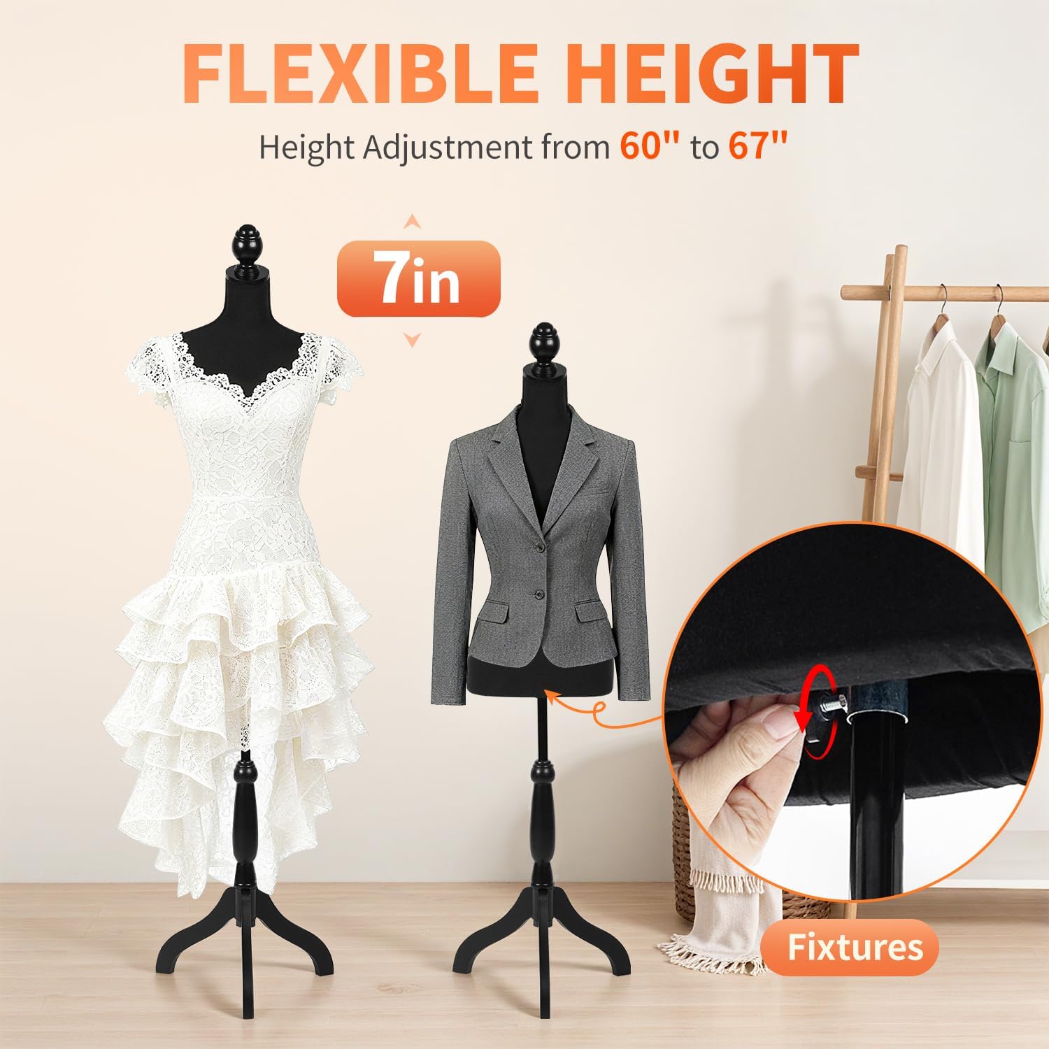 Female Mannequin Torso | Black | with 7" Height Adjustment | High-Density Foam with Wood Tripod Stand | Secure Fit