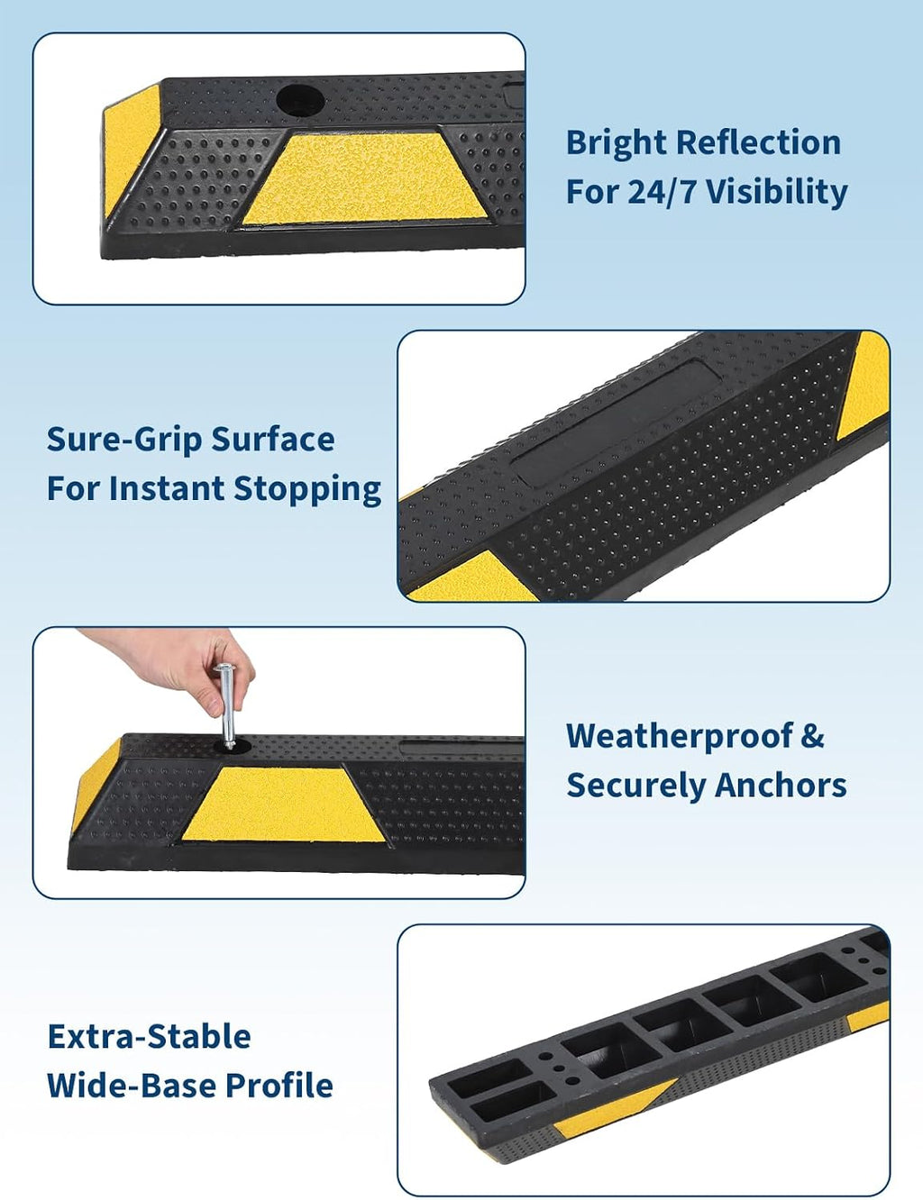 72 in Heavy Duty Rubber Parking Curb, 55000 LB Capacity, 6 ft Garage Parking Stopper with Reflective Stripes, Car
