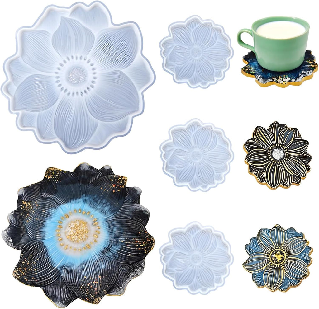 Large Resin Tray molds 14in Flower Resin Molds Silicone + 4pcs Coaster Silicone Mold Set DIY Art Craft Tray Cup Mats