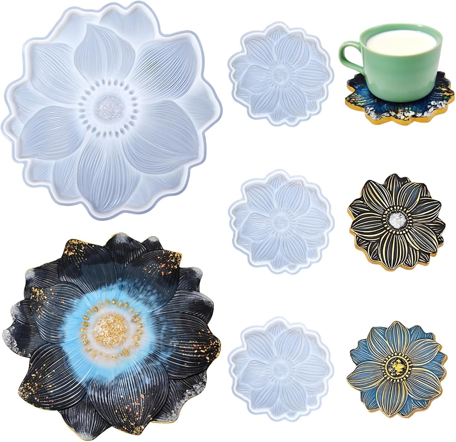 Large Resin Tray molds 14in Flower Resin Molds Silicone + 4pcs Coaster Silicone Mold Set DIY Art Craft Tray Cup Mats