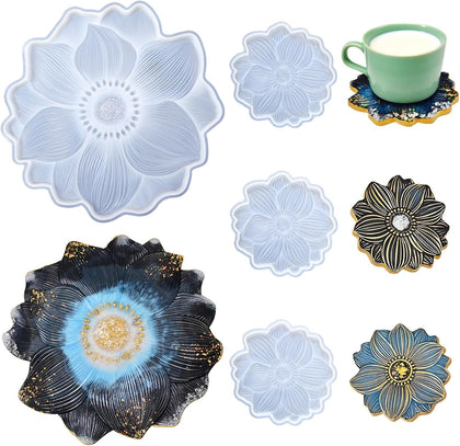 Large Resin Tray molds 14in Flower Resin Molds Silicone + 4pcs Coaster Silicone Mold Set DIY Art Craft Tray Cup Mats