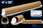 Kraft Mailing Tubes with End Caps - 4 x 36, .080" thickM, Made in the USA - Reinforced Shipping Cylinder for Posters