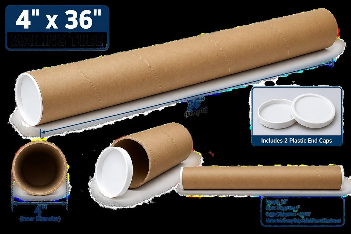 Kraft Mailing Tubes with End Caps - 4 x 36, .080" thickM, Made in the USA - Reinforced Shipping Cylinder for Posters