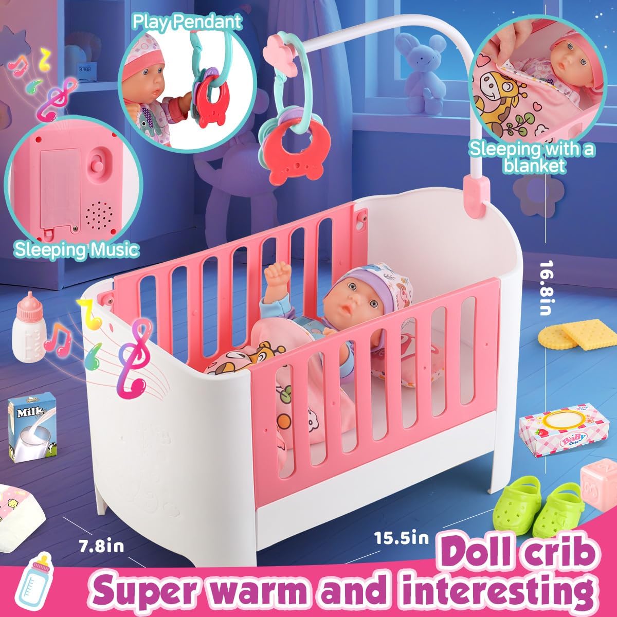 Baby Doll Crib and Stroller Accessories Play Set with 11" Baby Doll,Dining Chair,24 PCS Dolls Accessories and 2 Sets