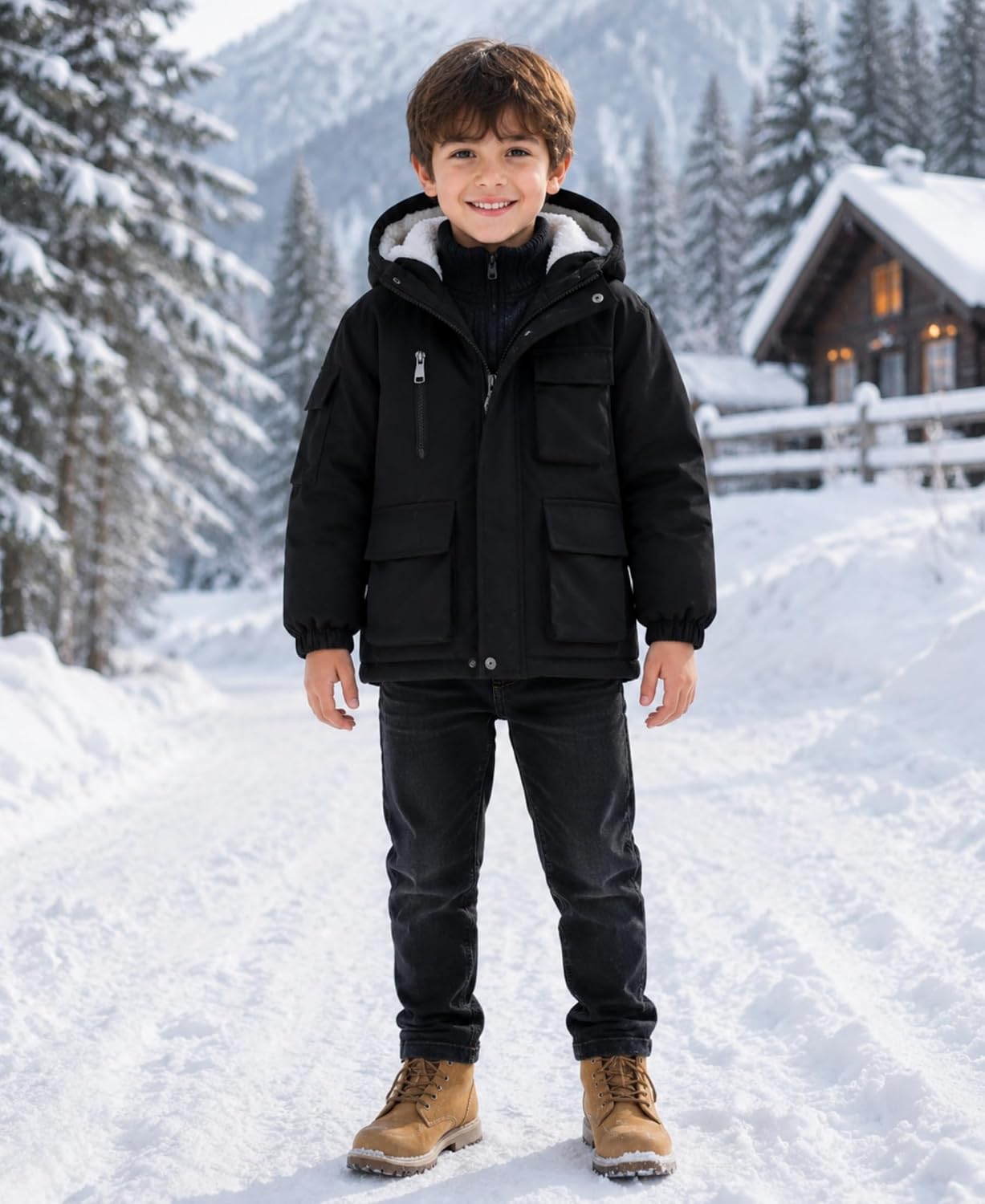 Boy's Winter Coat Fleece Lined Waterproof Jacket Puffy Coat Thick Hooded Down Outdoor Coats