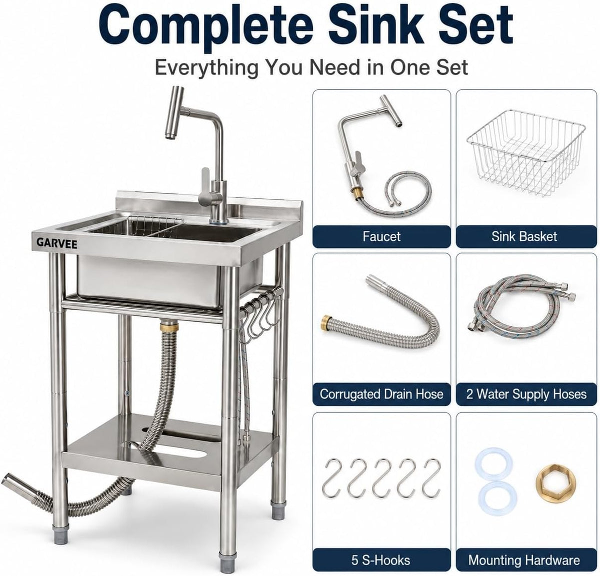 Freestanding Utility Sink 20" x 20" x 35", Stainless Steel Single Bowl Freestanding with T-Shaped Faucet, No Drawer