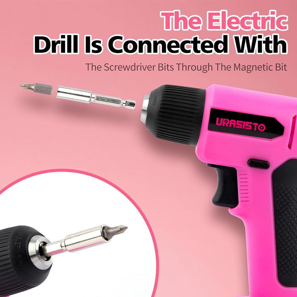 8V Pink Cordless Drill, Power Drill Tool Set, Built-in LED, 58pcs Acessories with Household Tool Set Gift Box, Pink