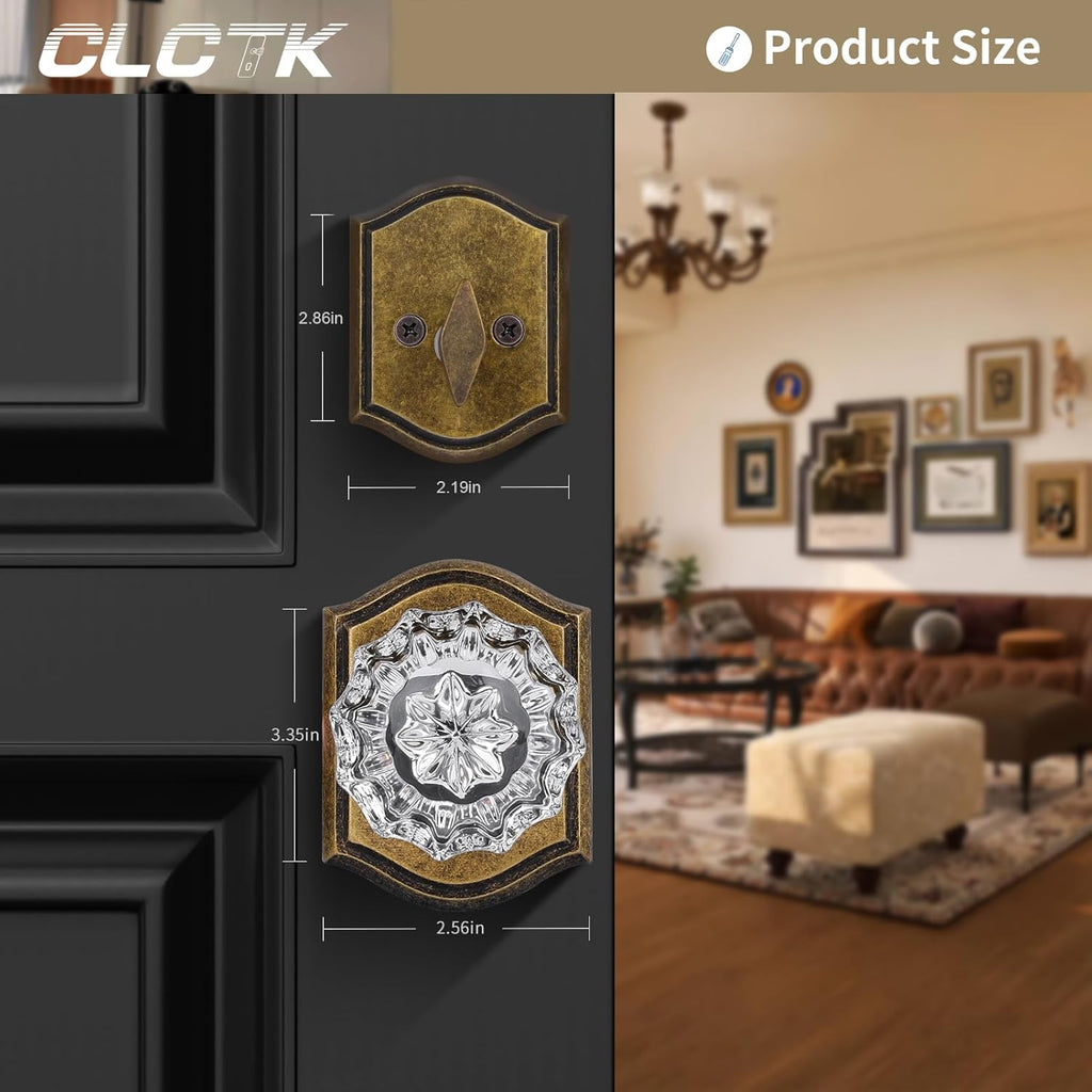 Crystal Glass Passage Door Knob and Single Cylinder Deadbolt Combo Set, Antique Brass Finish, Keyed Alike