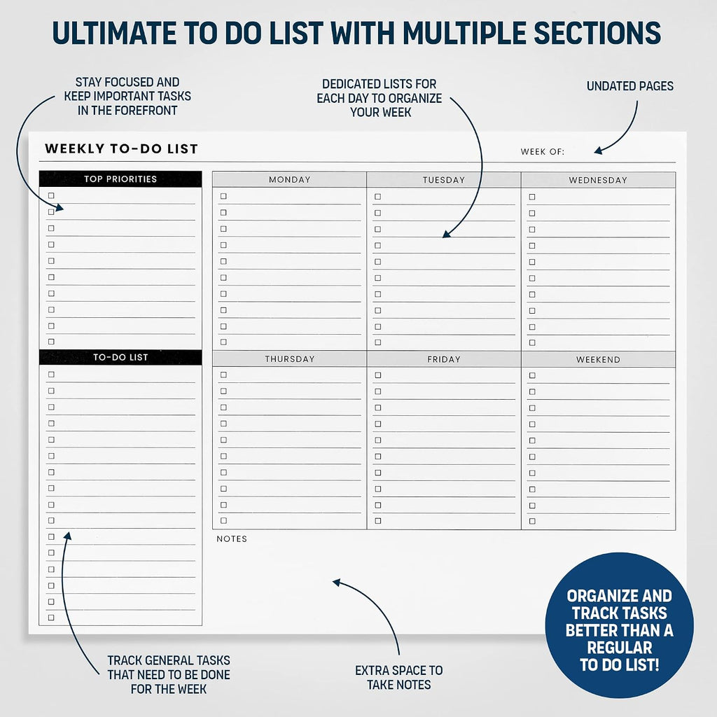 Weekly Planner Pad: To Do List Desk Notepad with Multiple Sections - 8.5x11" 52 Sheets - Undated Tear Off Notebook