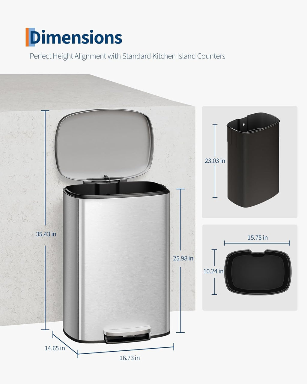 Stainless Steel Kitchen Trash Can, 13 Gal / 50 L Step-On Garbage Bin with Soft Close Lid, Large Rustproof Metal Trash