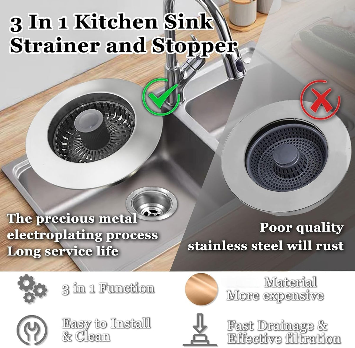 BAOLSLS 3 in 1 Kitchen Sink Stopper, Pop Up Kitchen Sink Drain Strainer