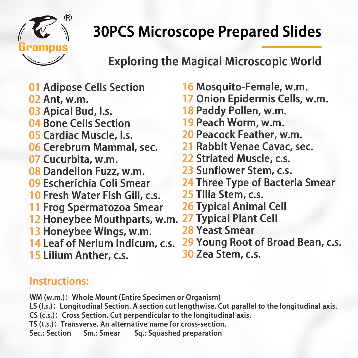30 Prepared Microscope Slides with Specimens for Kids Students - Animals Plants Insects Microorganism, for Biological